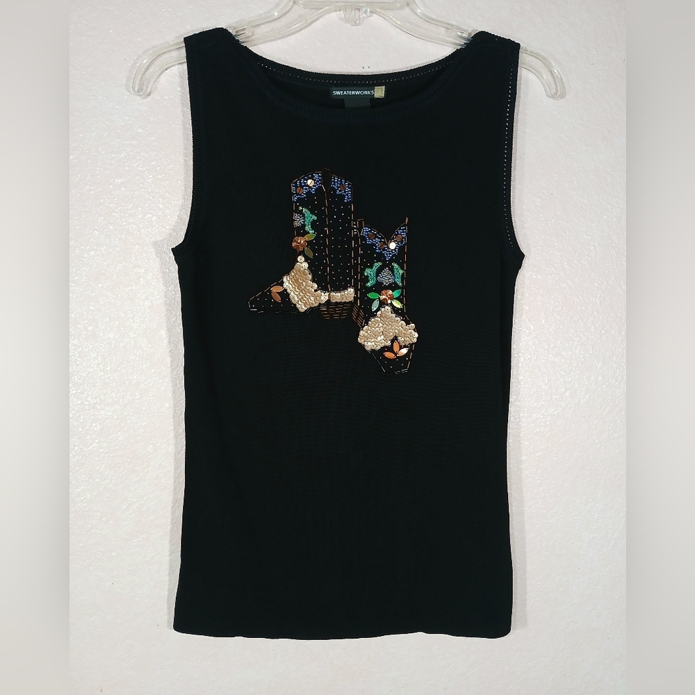Sweaterworks Black Tank Top with Sequined Boot Design Size Small